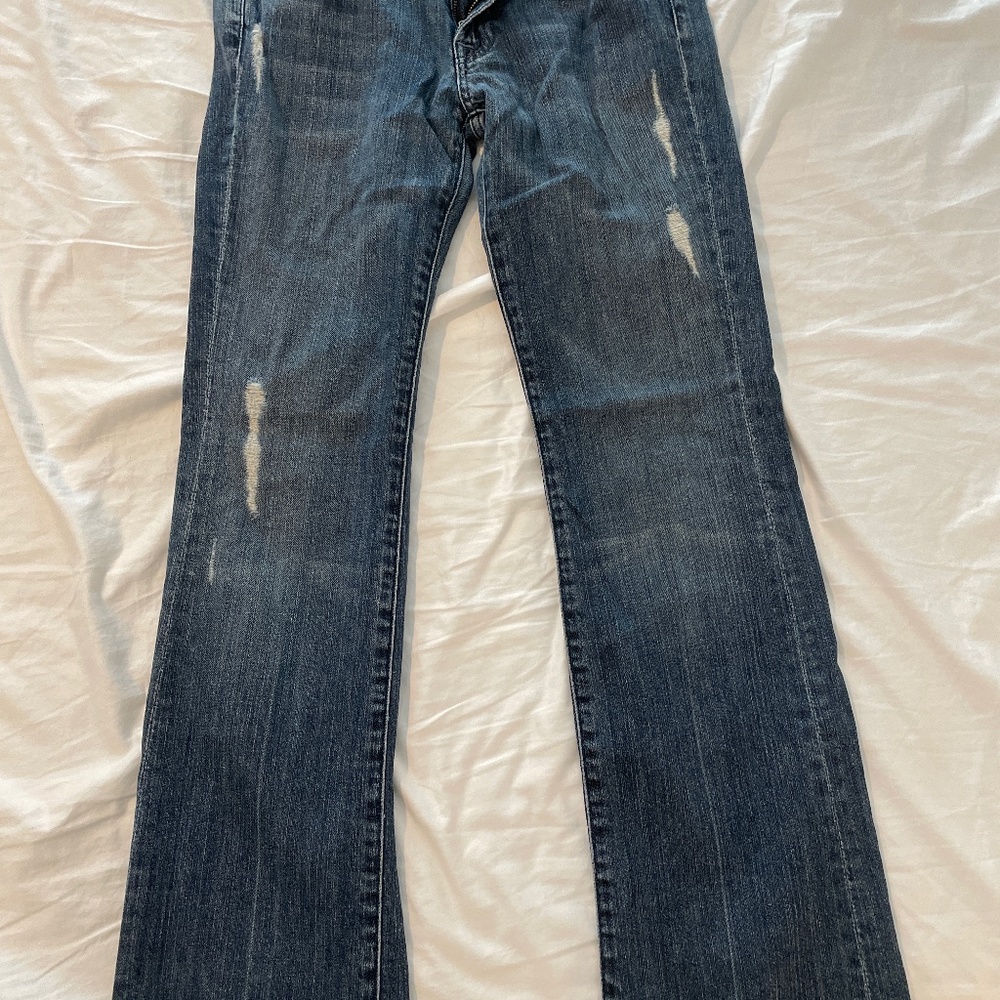Seven for all mankind dark wash wide leg low rise flared jeans, size 29.